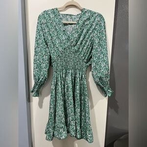 Green Floral Smocked Waist Long-Sleeve Dress